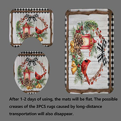 OLEBETY 4PCS Red Cardinal Shower Curtain Set with Rugs, Waterproof Fabric, 72x72 Inches, Holiday Bird & Wreath Design