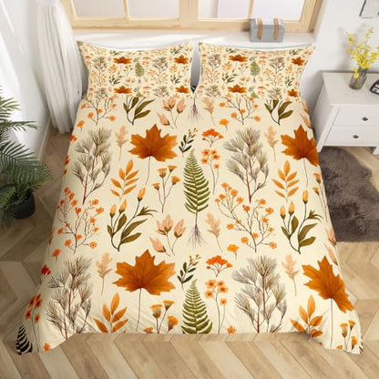 Manfei Fall Maple Leaf Kids Duvet Cover Set Queen Size Vintage Beige with Pillowcases
