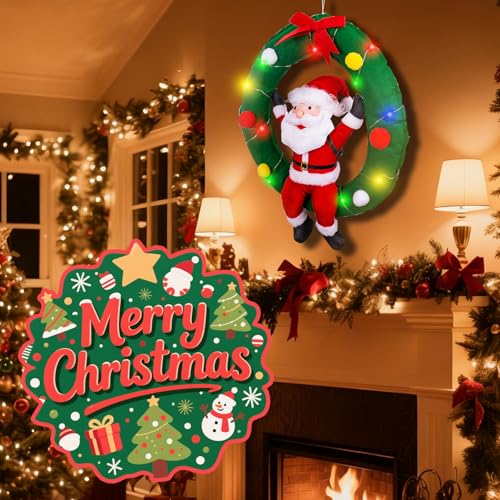 34-Inch Hanging Christmas Decor Santa Claus in Wreath with LED Lights - Holiday Indoor Outdoor Decoration - Variation of Santa Claus in Wreath