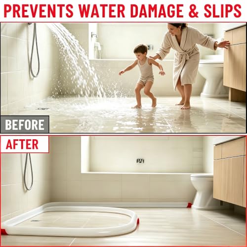 67 Inch Silicone Shower Water Dam - Collapsible Threshold Barrier, White