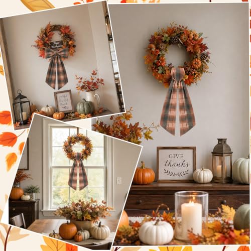 Orange-Brown Plaid Fall Wreath Sash Set for Front Door Autumn Decor - 2 Pieces