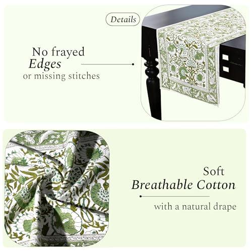 Agate Green Cotton Table Runner 16x106 Inches Floral Hand-Block Print