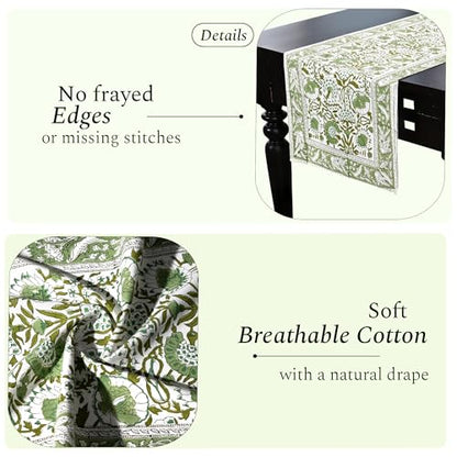 Agate Green Cotton Table Runner 16x106 Inches Floral Hand-Block Print
