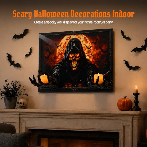 Halloween 3D Grim Reaper Wall Decor with LED Candles and Bats - Indoor Haunted House Gothic Wall Art