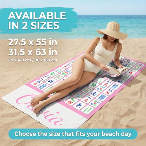 Personalized Mahjong Beach Towel with Name - Pink Tile Pattern, Microfiber, Custom Design - Design 31