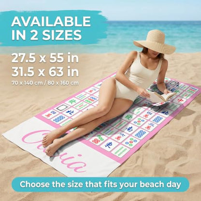 Personalized Mahjong Beach Towel with Name - Pink Tile Pattern, Microfiber, Custom Design - Design 31