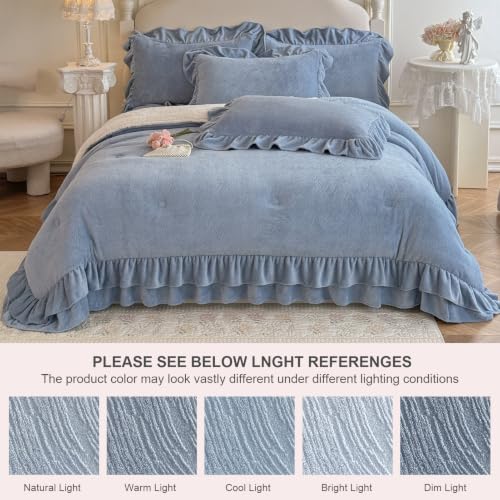 Twin Fluffy Sherpa Comforter Set Blue Ruffle Bedding - Super Soft Fleece
