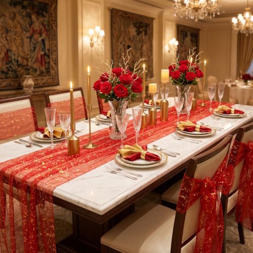 Red Gold Metallic Foil Gauze Table Cloth 57x84 Inch Rectangular Decor - Variation of THIS listing
