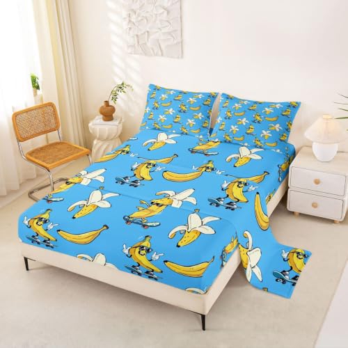 Queen Size Fitted Sheet Set with Flat Sheet and Pillowcases - Blue Yellow Banana Design