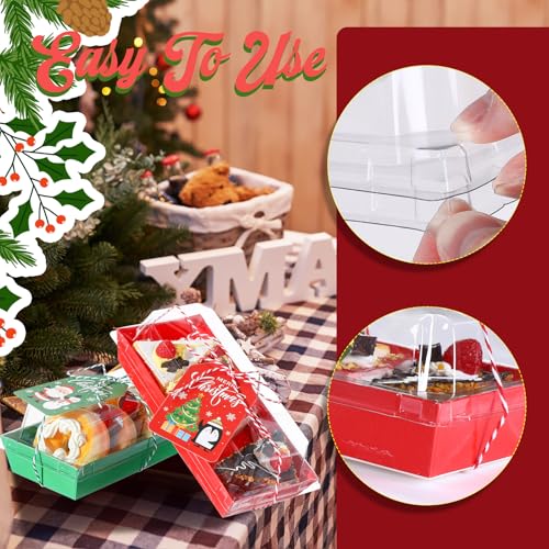100 Pack Christmas Charcuterie Boxes with Clear Lids, Ropes & Cards - 7.5 Inch Dessert Containers for Cookies, Cakes, Pastries, Xmas Party Favors