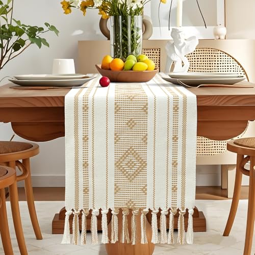 Khaki Boho Rustic Table Runner 13x72 Inches with Tassels for Farmhouse Dining