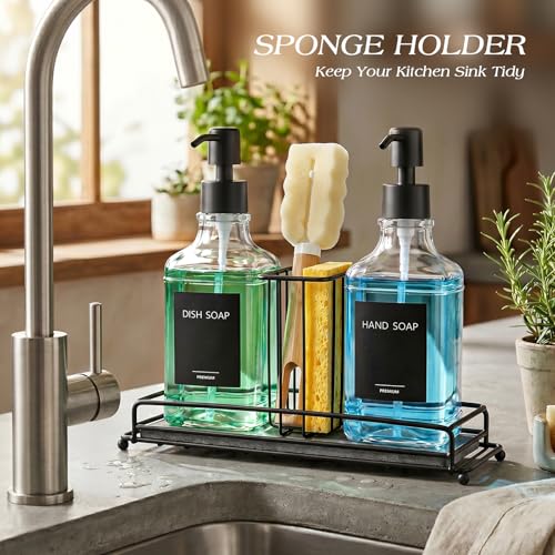 Walkinstin Clear Glass Kitchen Soap Dispenser Set with Pump & Sponge Holder - 17 fl oz