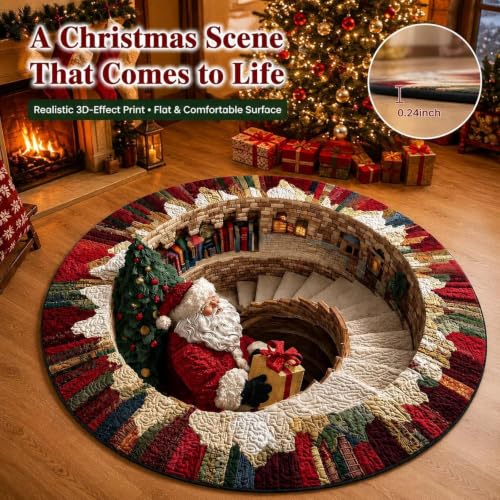 3D Optical Illusion Christmas Rug - Santa Vortex Round Floor Mat, 31.5 Inch Festive Decor