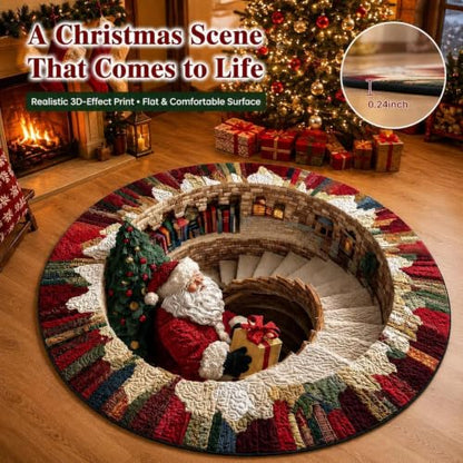 3D Optical Illusion Christmas Rug - Santa Vortex Round Floor Mat, 31.5 Inch Festive Decor
