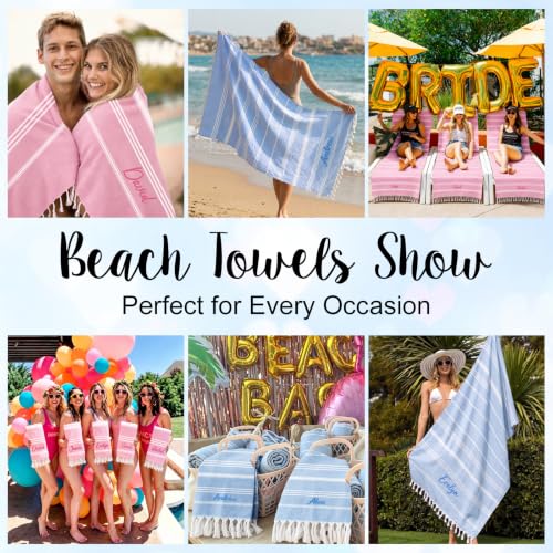 Personalized Turkish Beach Towel Light Blue 40x71 Inch Custom Embroidered Name Summer Vacation Travel Pool Sand-Free Cotton