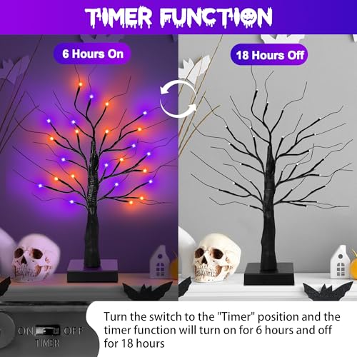 Halloween Lighted Indoor Trees Set - 24 Inch Orange & Purple Decor with Timer