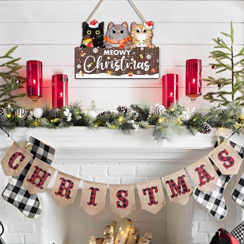 Meowy Christmas Cat Wooden Sign - Black Cats Christmas Decor for Cat Lovers