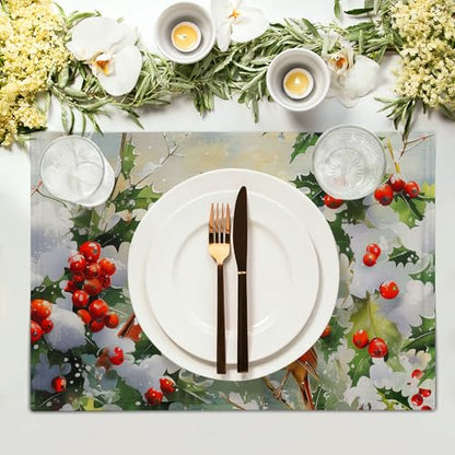 Winter Birds Berry Christmas Placemats Set of 4, 12x18 Inch Linen Holiday Decor