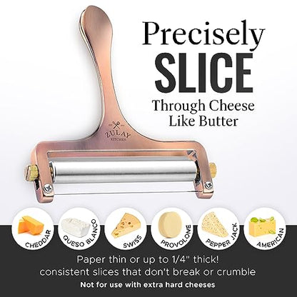 Zulay Cheese Slicer With Adjustable Thickness - Wire Cheese Slicer For Mozzarella Cheese, Cheddar Cheese, Gouda Cheese - Cheese Slicers For Block Cheese Heavy Duty With 2 Extra Wires (Copper)