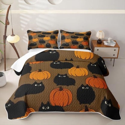 Halloween Black Cat Quilt Set with Orange Accents - King Size Bedding with Pillowcases