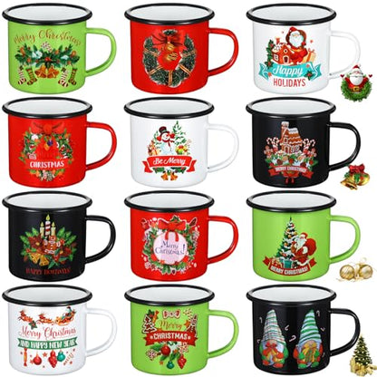 12-Pack Christmas Enamel Coffee Mugs - Holiday Camping Cups 12 oz