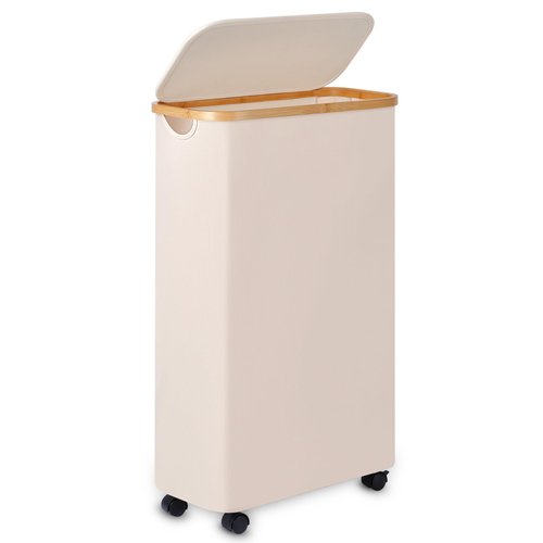 Merkisa Slim Laundry Basket with Wheels,Narrow Hampers for Laundry,Freestanding Laundry Hamper with Lid&Bamboo Handles,Collapsible & Waterproof Tall Cloth Hamper for Dorm Family(60L Beige)