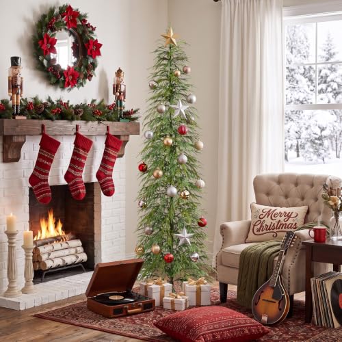 Green 7Ft Artificial Cedar Christmas Tree Slim Pencil Holiday Decor