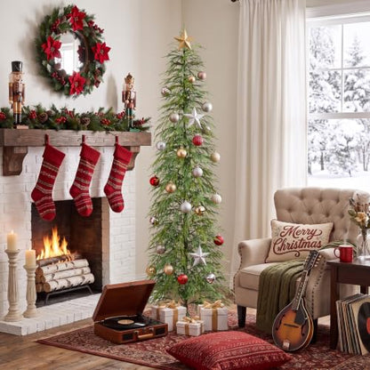 Green 7Ft Artificial Cedar Christmas Tree Slim Pencil Holiday Decor
