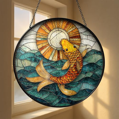 Sunlit Koi Fish Stained Glass Window Art with Flowing Water Theme - Bright Aquatic Decor