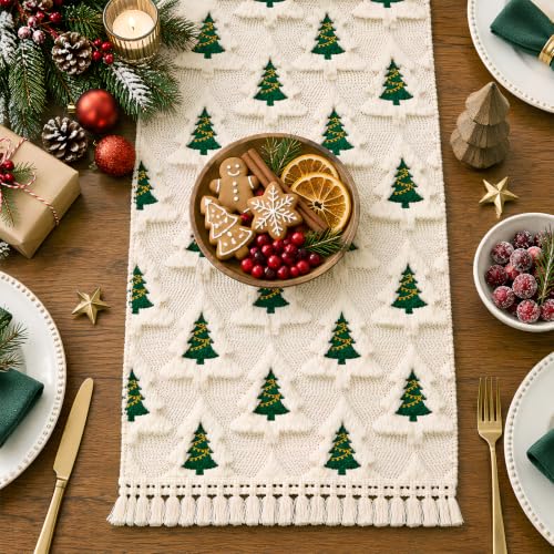 Christmas Table Runner 13x72 Inch with Tassels and Festive Tree Design - Soft Plush, Holiday Decor