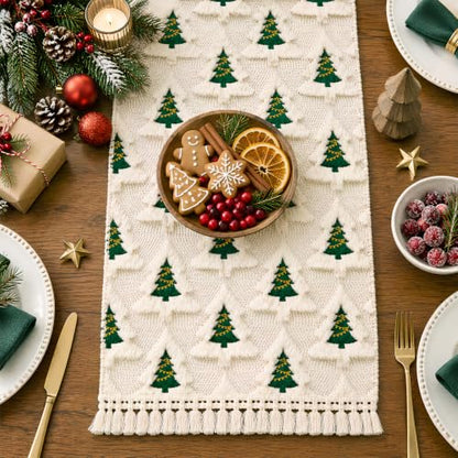 Christmas Table Runner 13x72 Inch with Tassels and Festive Tree Design - Soft Plush, Holiday Decor