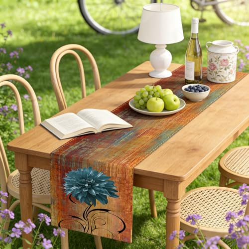 Rust and Blue Chenille Table Runner 13 x 90 Inches - Spring Summer Decor