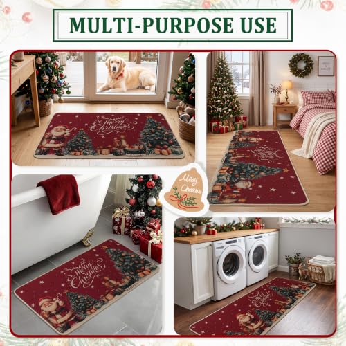 Christmas Kitchen Rugs Set of 2 Non Slip Washable Holiday Mats - Red, Tree Variation (17x30 + 17x47 inches)