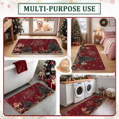 Christmas Kitchen Rugs Set of 2 Non Slip Washable Holiday Mats - Red, Tree Variation (17x30 + 17x47 inches)