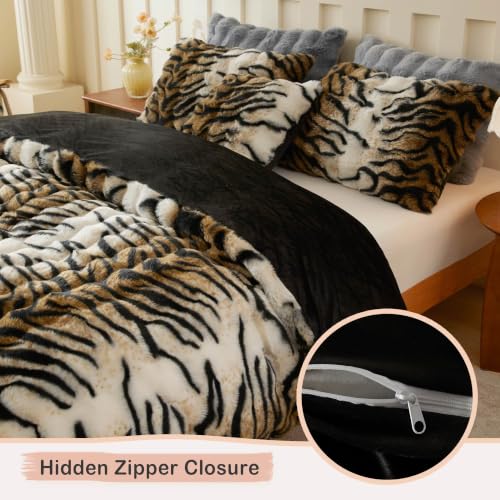Queen Tiger Print Faux Rabbit Fur Duvet Cover Set - 3 Pieces, Brown