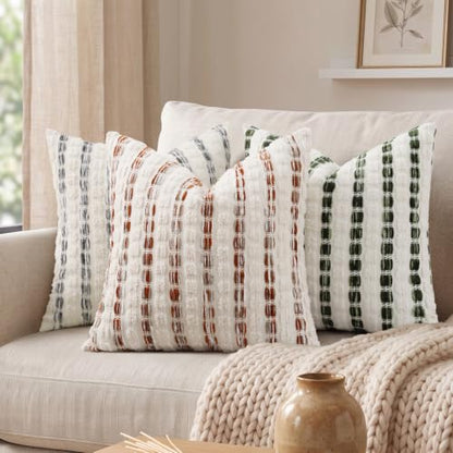 DecorUhome Grey & Cream Chenille Tufted Stripe Throw Pillow Covers 18x18 Set of 2