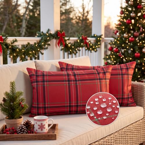 Irenare Waterproof Outdoor Pillow Cover Set - 20 x 12 Inch Christmas Plaid Lumbar Pillow Cases, Pack of 2