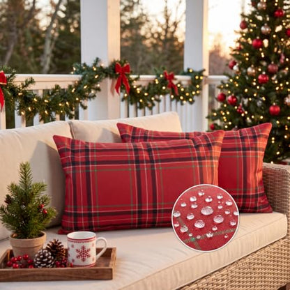 Irenare Waterproof Outdoor Pillow Cover Set - 20 x 12 Inch Christmas Plaid Lumbar Pillow Cases, Pack of 2