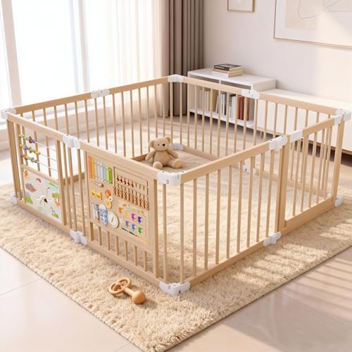 Foldable Wooden Baby Playpen 55x55x24 Inches with Activity Boards & Toy Set