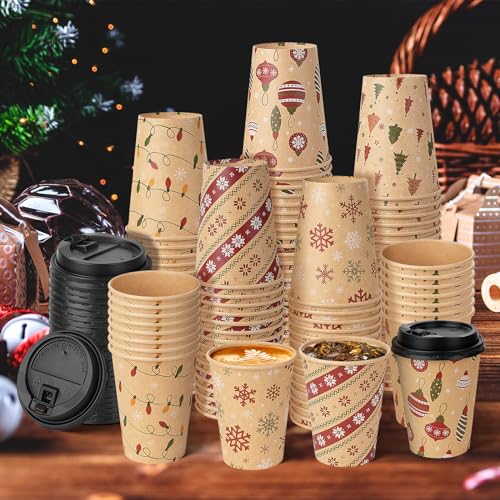 Christmas Disposable Paper Cups with Lids 12oz - 100 Pcs Holiday Party Supplies