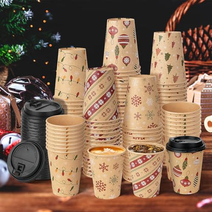Christmas Disposable Paper Cups with Lids 12oz - 100 Pcs Holiday Party Supplies