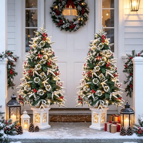 4 Ft Pre-Lit Artificial Christmas Tree with Snow-Flocked Branches & Potted Lantern Base - 1 Pack - Variation of 1 / 4ft