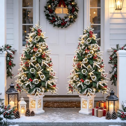 4 Ft Pre-Lit Artificial Christmas Tree with Snow-Flocked Branches & Potted Lantern Base - 1 Pack - Variation of 1 / 4ft