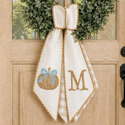 Personalized Fall Wreath Sash with Monogram and Embroidered Blue Pumpkin - Fall 09