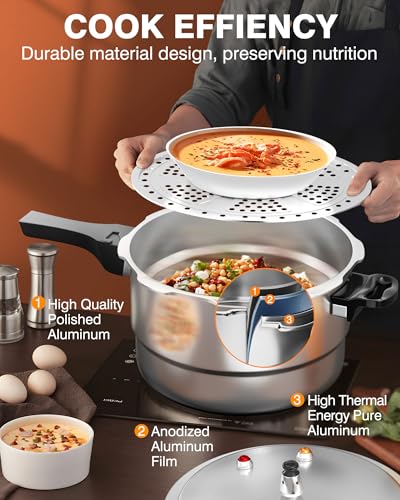WantJoin 6 Qt Aluminum Pressure Cooker - Gas & Induction Compatible with Removable Steaming Rack
