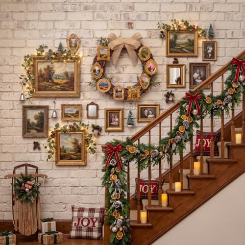 Rustic Christmas Wreath with Gold Photo Frames - Holiday Farmhouse Decor