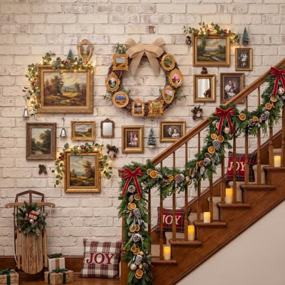 Rustic Christmas Wreath with Gold Photo Frames - Holiday Farmhouse Decor