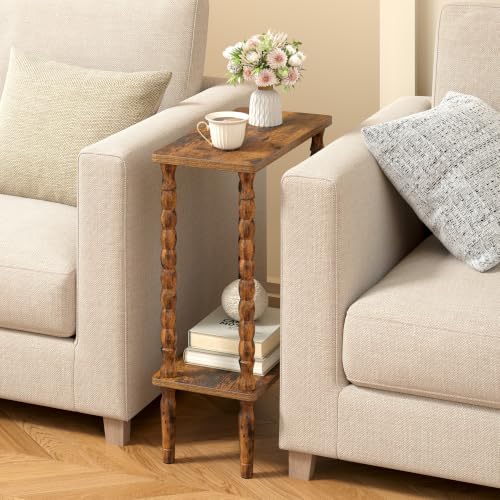 Brown Narrow 2-Tier Side Table with Solid Wood Legs - Small End Table