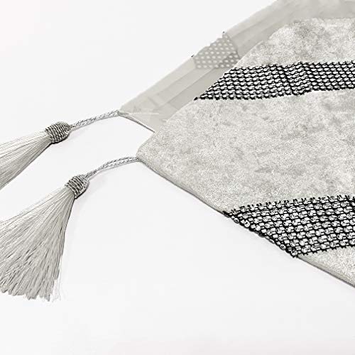 Cream White 13x98 Inch Sequin Rhinestone Table Runner with Tassels - Handmade