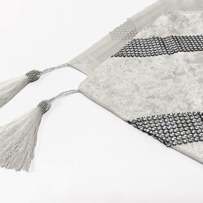 Cream White 13x98 Inch Sequin Rhinestone Table Runner with Tassels - Handmade